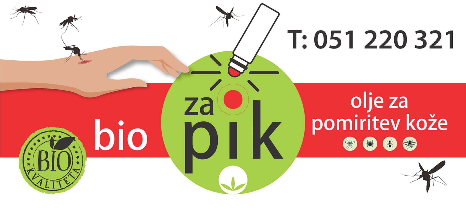 Piki komarjev so lahko zelo nadležni, slika prikazuje grafiko za produkt zapik, za pomiritev kože po piku.