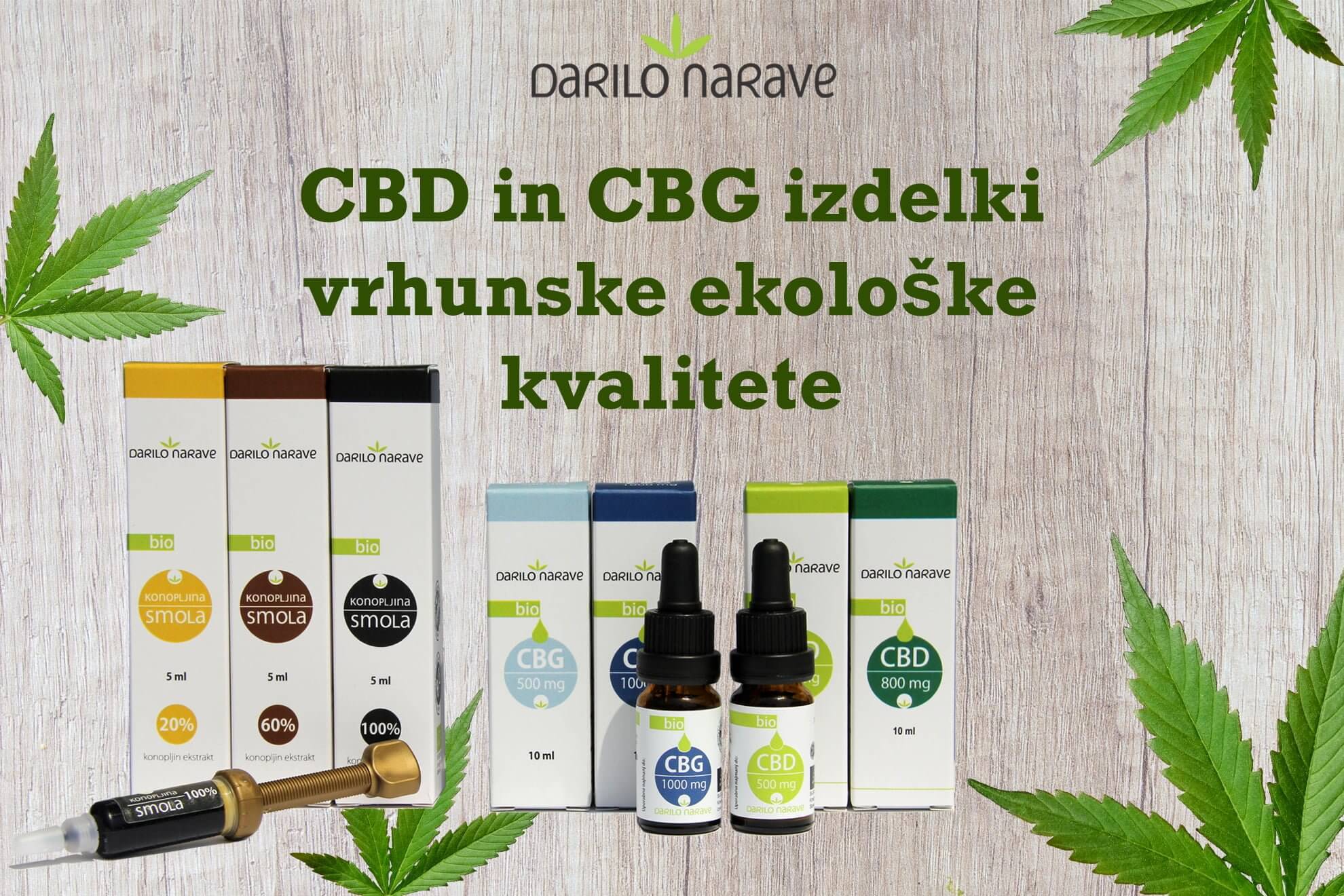 Slika prikazuje nekatere izdelke podjetje Darilo Narave, BIO CBG kapljice BIO CBD kapljice, konopljina smola, konopljina mazila.