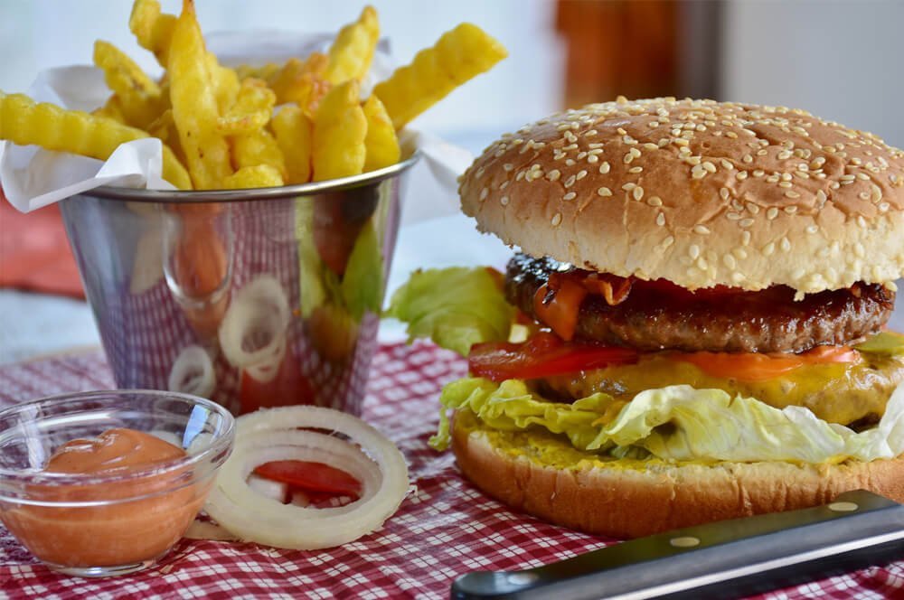 Na sliki je prikazan burger in dodatki kot krompirček, hitra hrana je pripravljena z veliko olja kar pa ni zdravo in pripomore k debelosti