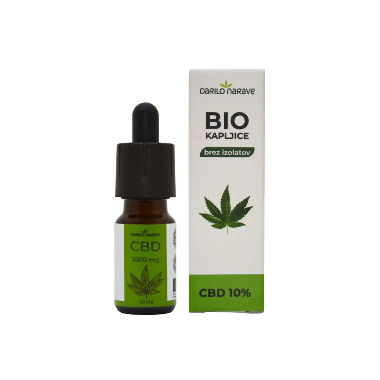 Na sliki so predstavljene BIO konopljine kapljice tipa CBD 10%, na sliki se vidi samo steklenička in škatlica kapljic.