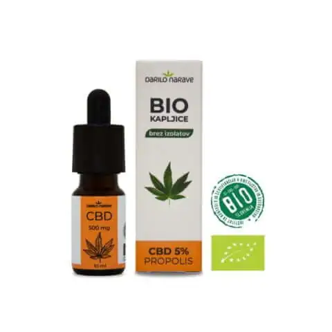 Na sliki so predstavljene BIO konopljine kapljice tipa CBD 5% + Propolis z certifikati, odlična kombinacija popolnega spektra kanabinoidov.