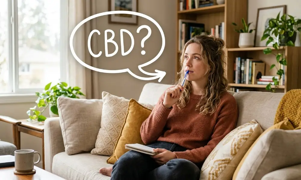 BIO CBD 3% 4 Mlada ženska na kavču zamišljeno drži kulija ob ustih s pogovornim oknom nad glavo, kjer piše CBD?