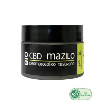 CBD dermatološko testirano obnovitveno mazilo predstavljeno v novi stekleni embalaži z ekološkim logotipom.