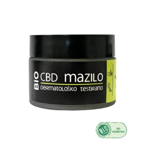 CBD dermatološko testirano obnovitveno mazilo predstavljeno v novi stekleni embalaži z ekološkim logotipom.