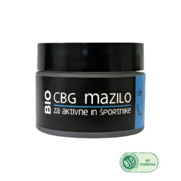 CBG obnovitveno mazilo za aktivne in športnike predstavljeno v novi stekleni embalaži z ekološkim logotipom.