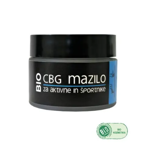 CBG obnovitveno mazilo za aktivne in športnike predstavljeno v novi stekleni embalaži z ekološkim logotipom.