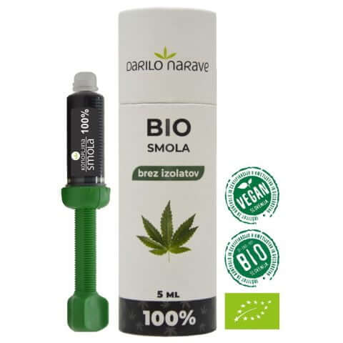 Na sliki je predstavljena BIO konopljina smola 100% - 5ml, Smolo se prepozna po njeni črni barvi pasice.