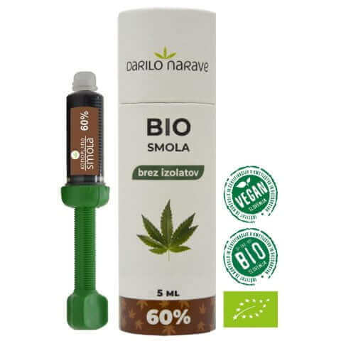 Na sliki je predstavljena BIO konopljina smola 60% - 5ml, Smolo se prepozna po njeni lepi mehko rjavi barvi pasice.