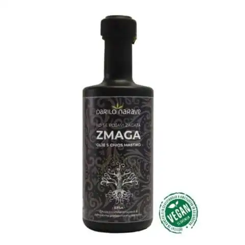 ZMAGA olje s Chios mastiko v temni črni embalaži, pogled s sprednje strani s certifikatom Vegan.