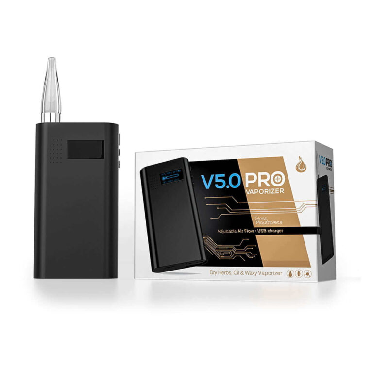 Slika produkta Vaporizer V5.0 Pro in njegova embalaža.