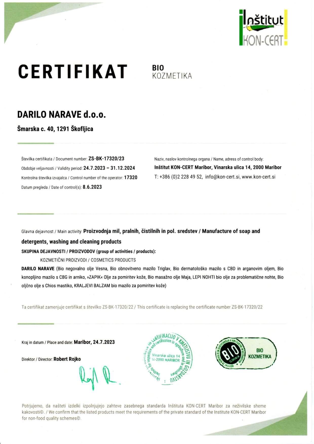 Certifikati 2024 - bio kozmetika certifikat za pridelavo