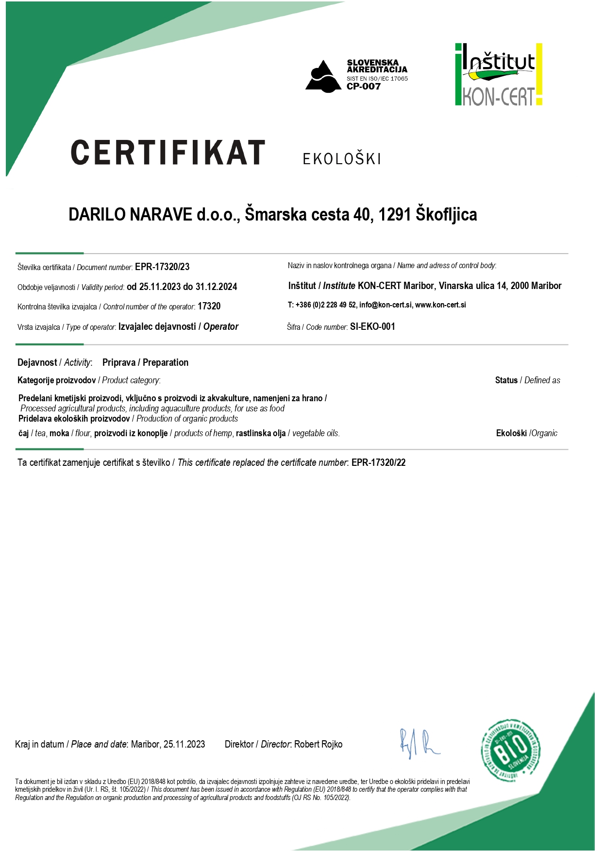 Certifikati 2024 - BIO certifikat za pridelavo