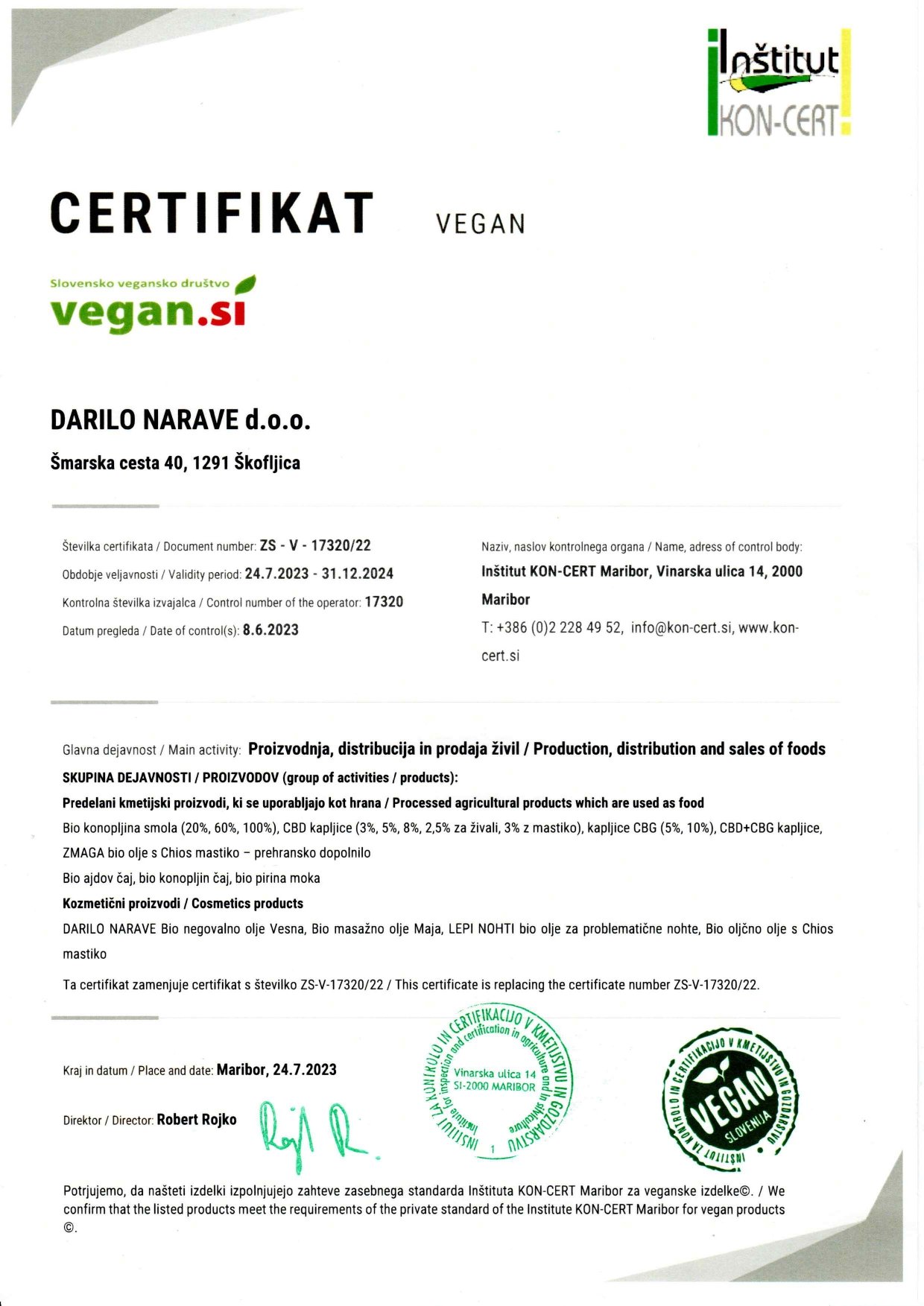 Certifikati 2024 - veganski certifikat za pridelavo