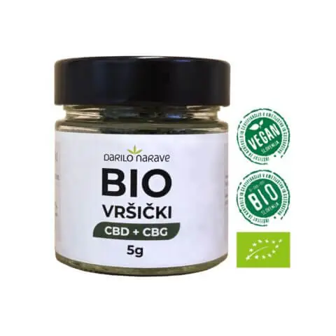 BIO konopljini CBD + CBG vršički v stekleni embalaži s konopljinim listom in certifikati BIO ter Vegan.