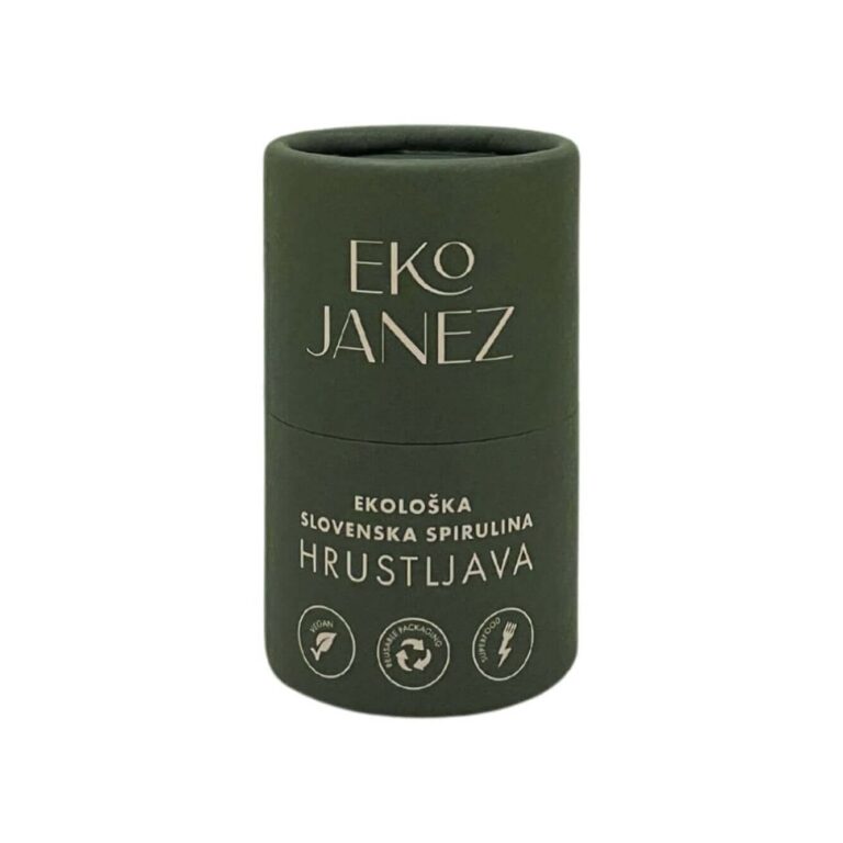 EKO Janez Spirulina Hrustljava v temno zeleni embalaži – superživilo za energijo in vitalnost.