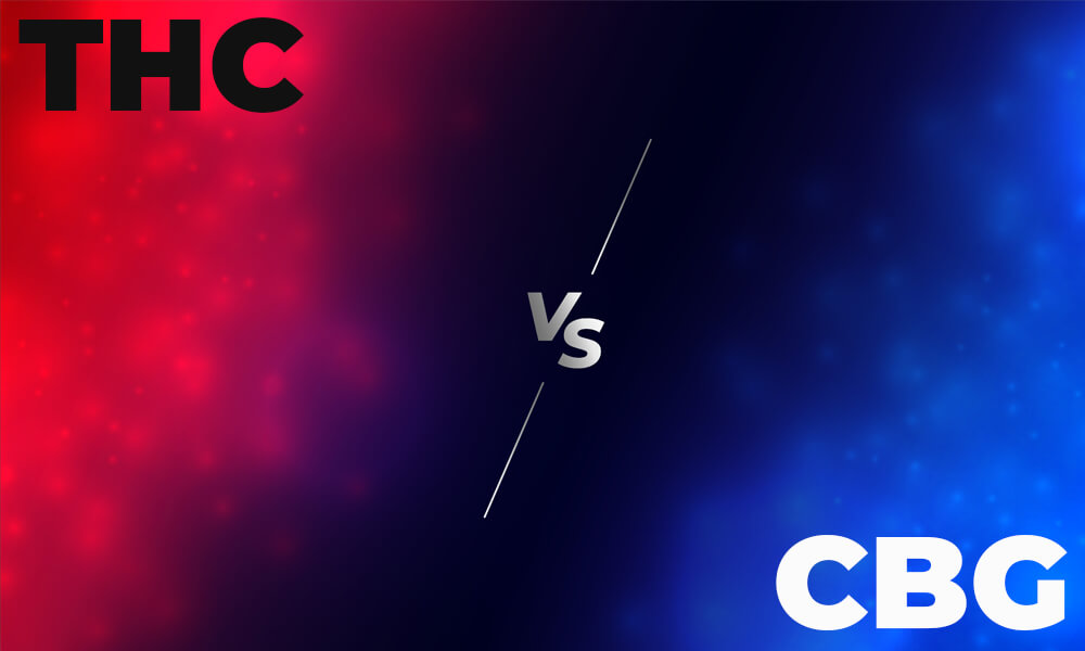 CBG vs  THC, thc napis je obkoljen z rdečo meglo, medtem ko je napis CBG obkoljen z modro meglo v sredini pa napis VS