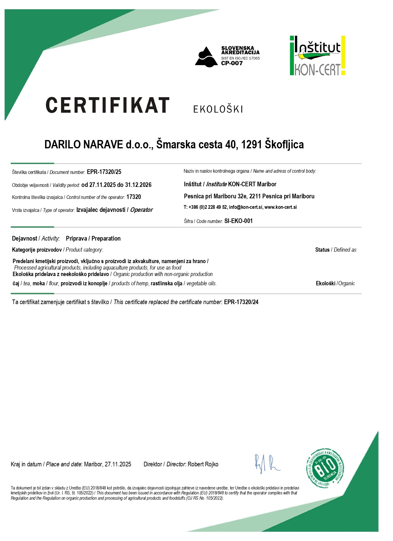 Ekološki certifikat za leto 2025 do 2026