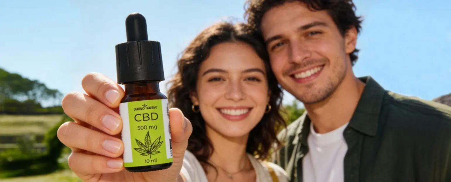 BIO CBD kapljice Darila Narave uporablja mlad nasmejan par, ki sproščeno uživa v naravni podpori konopljinih kapljic.