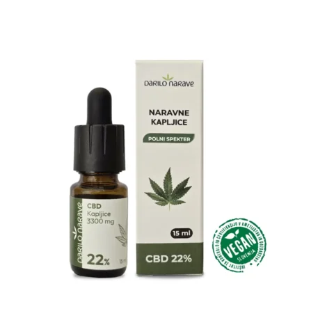 Konopljine CBD kapljice polnega spektra v prenovljeni grafični podobi. V temno zeleni barvi, CBD kapljice 22%