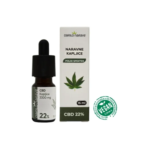 BIO CBD konopljine kapljice Darilo Narave 3300mg v ponudbi – embalaža in steklenička s certifikati Vegan, BIO Slovenija in Evropski zeleni list.