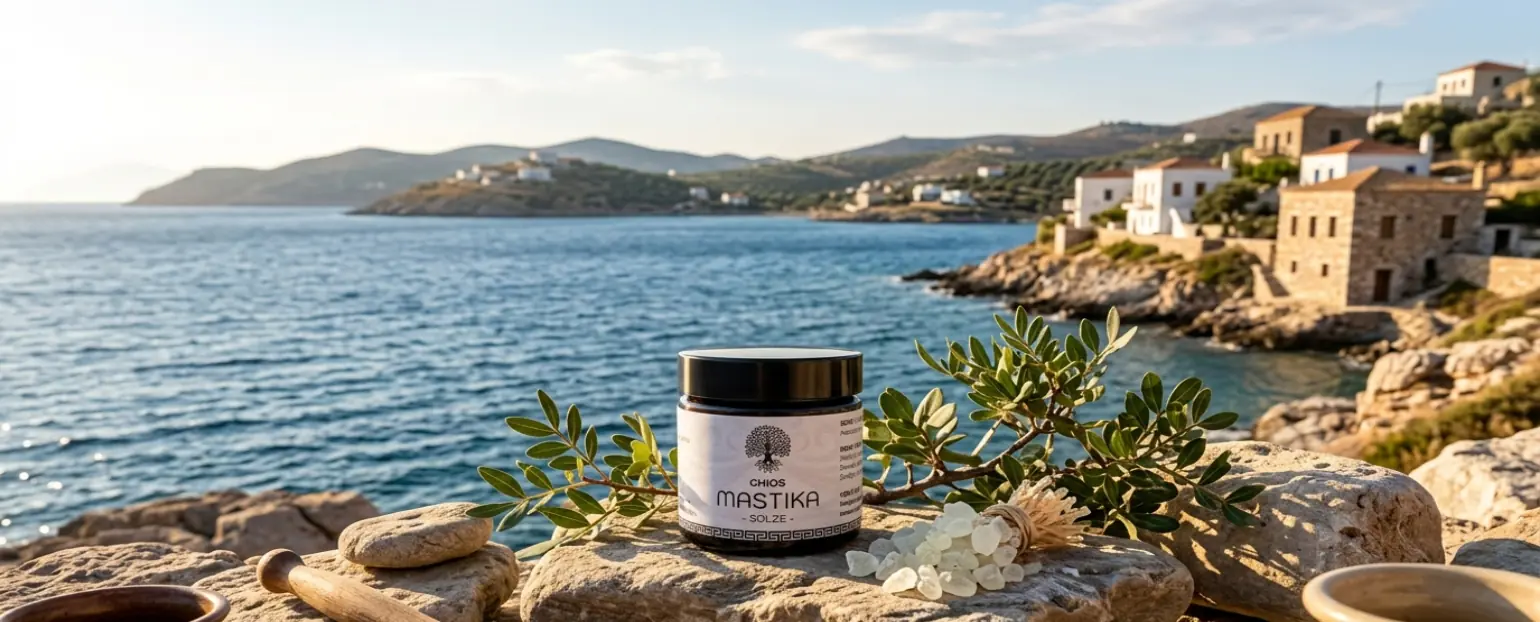 Chios Mastika solze, na grškem Mediteranu z pregledom na morje.