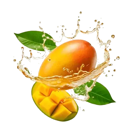 Dva manga na praznem ozadju: en mango je prerezan, da je vidna sočna notranjost, drugi je v celoti, obkrožen z dvema svežima listoma mangota.