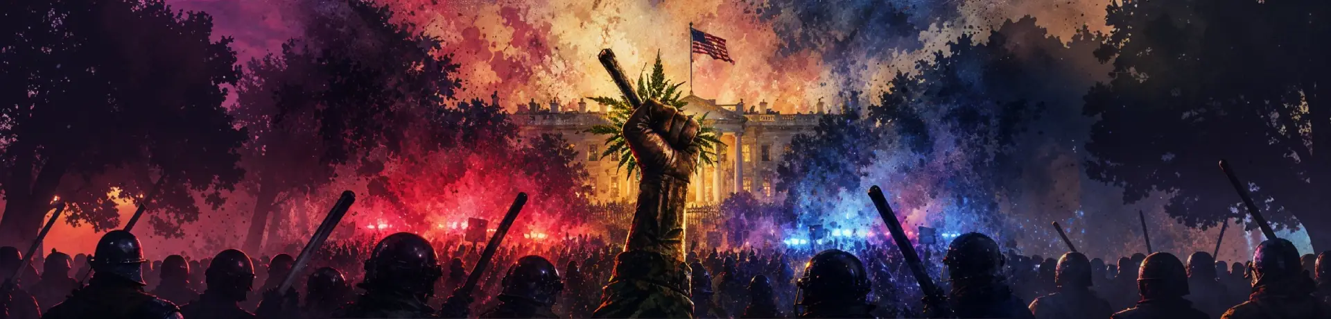 Legalizacija konoplje v ZDA: Med upanjem, pohlepom in političnim absurdom Umetniška ilustracija protesta za legalizacijo konoplje v ZDA z dvignjeno pestjo, konopljinim zvitkom, Belo hišo, ameriško zastavo in policijskimi lučmi.