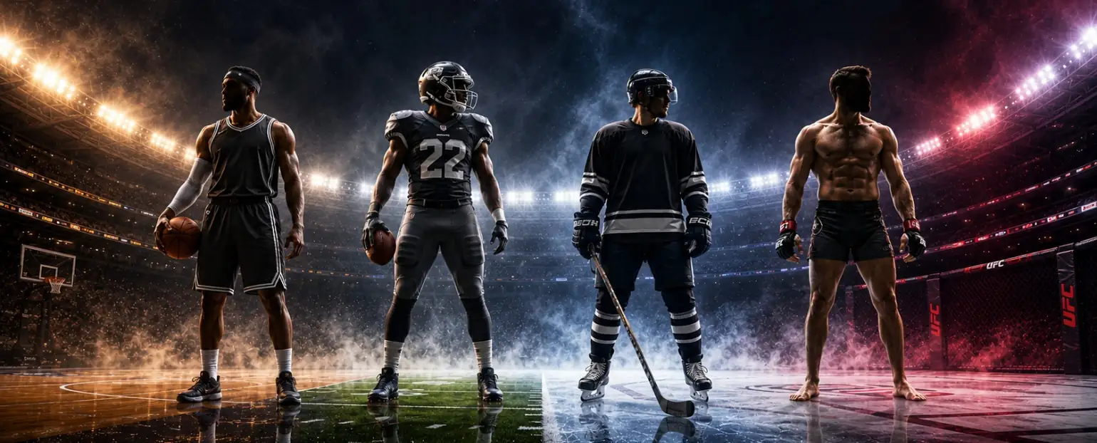 Banner z športniki NBA, NFL, NHL in UFC, ki predstavljajo košarko, ameriški nogomet, hokej in MMA. Predstavlja konopljo v športu.
